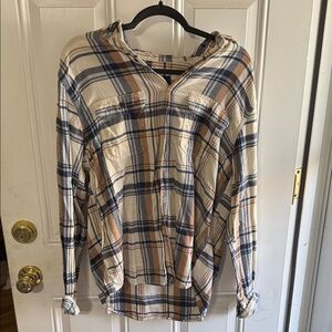 Cream Plaid Button-Up Shirt with Navy & Tan Stripes
